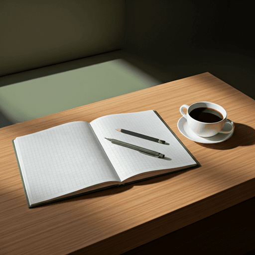 Caderno aberto, lápis e café em uma mesa clara.